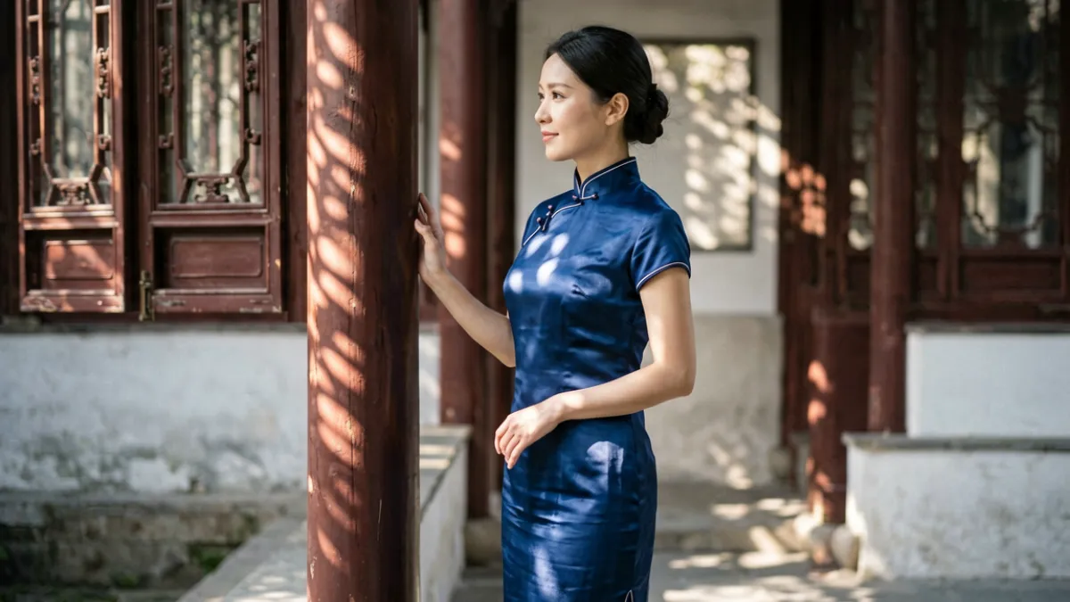 极品性感尤物穿着旗袍立于古典庭院回廊，光影斑驳，东方韵味与现代妆容完美融合