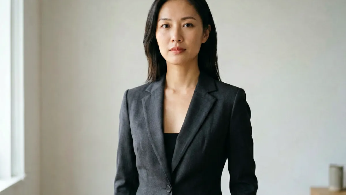 一位气质出众的女性站在柔光环境中，身姿挺拔，眼神深邃，展现极品性感尤物的整体气场与魅力层次